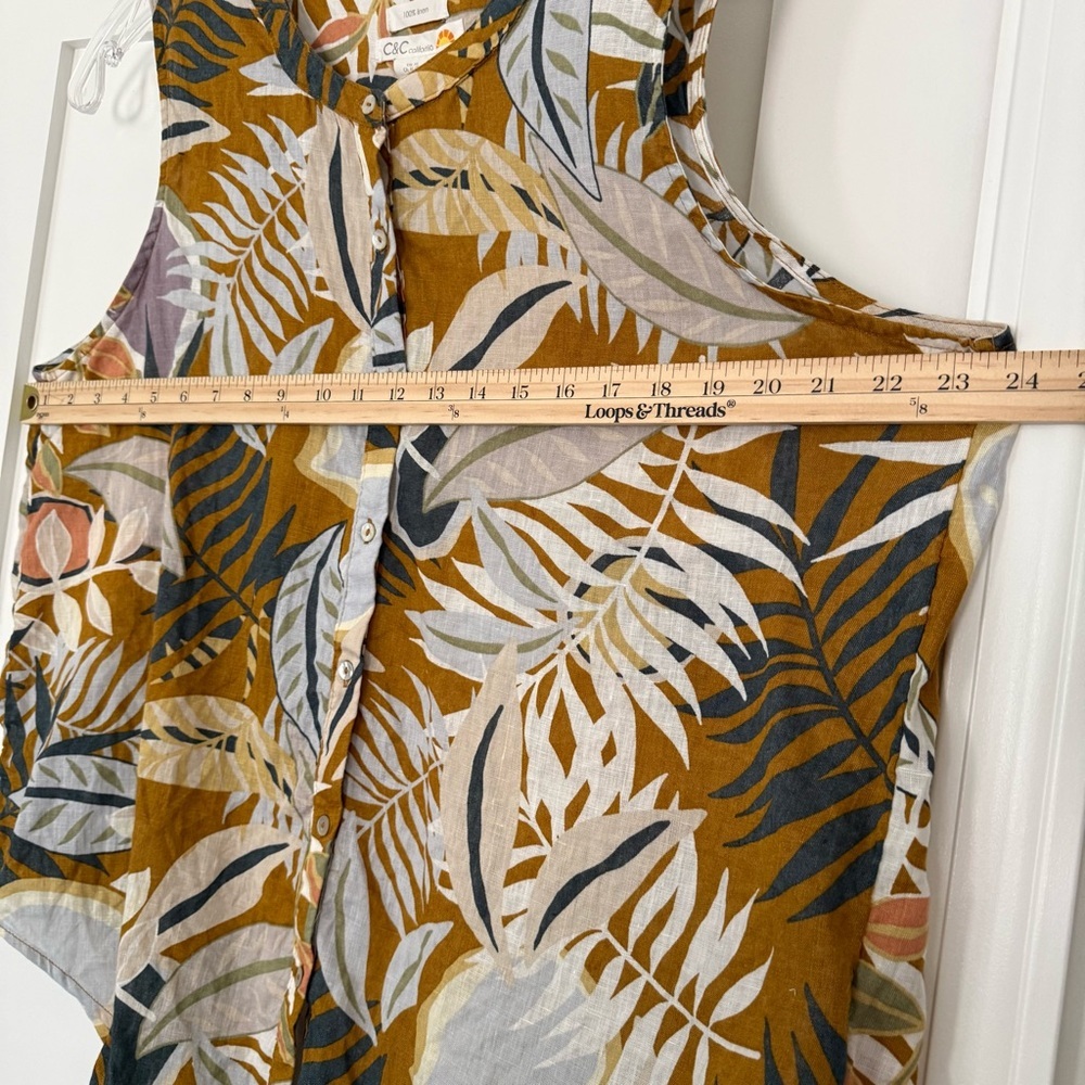 100% linen sleeveless button down‎ blouse tank tropical leaf C&C CALIFORNIA XL - Picture 4 of 6